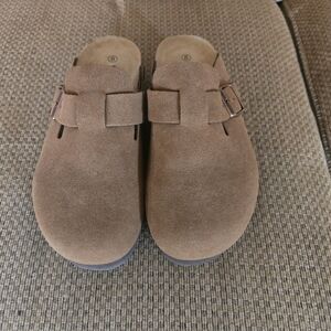 Suede Slip-On Mule Clogs with Adjustable Buckle — Brown